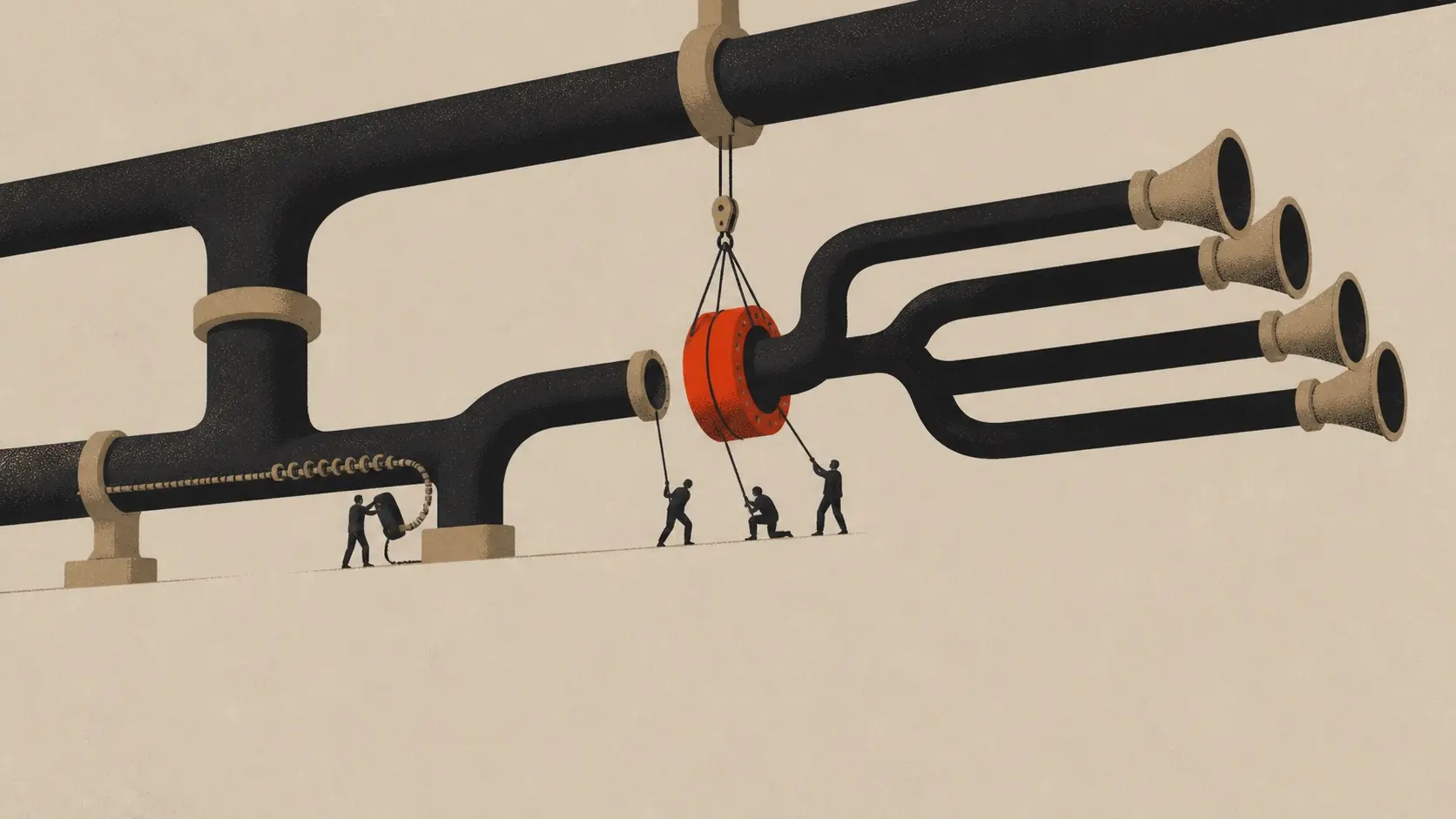 Institutionele illustratie: rumoerige leidingen komen samen en verlaten het station als één gerichte stroom uit vier hoorns — ruis in, signaal uit.
