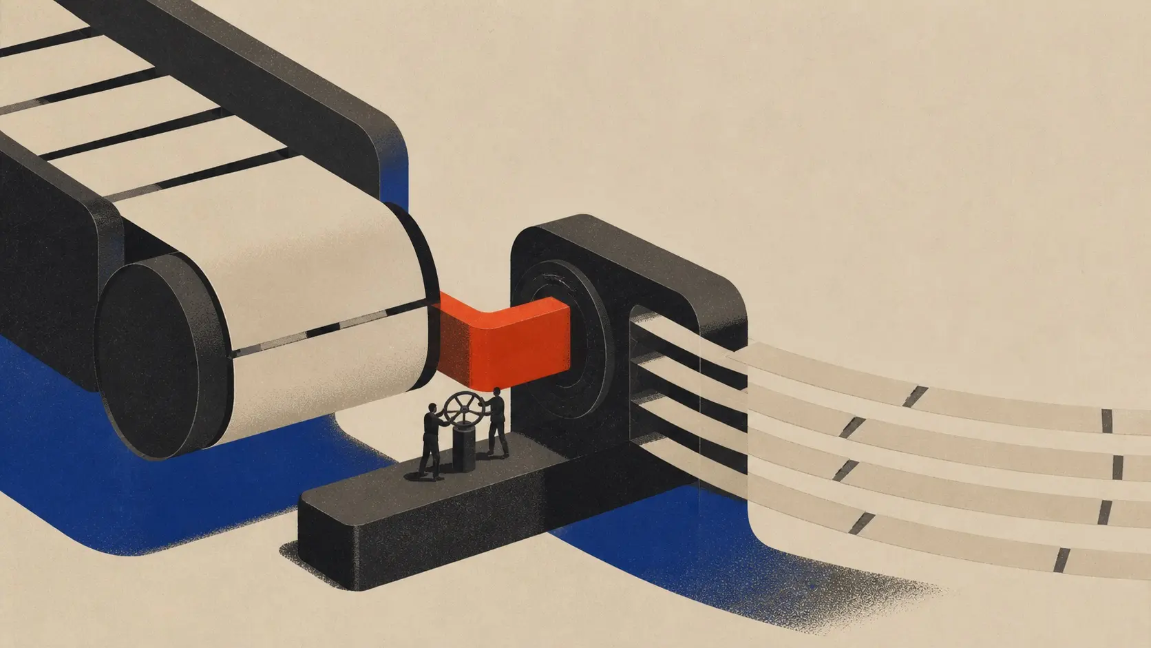 Institutionele illustratie: een drukpers rolt ruwe stroom uit tot nette, geordende banen — ruis wordt een leesbare brief.