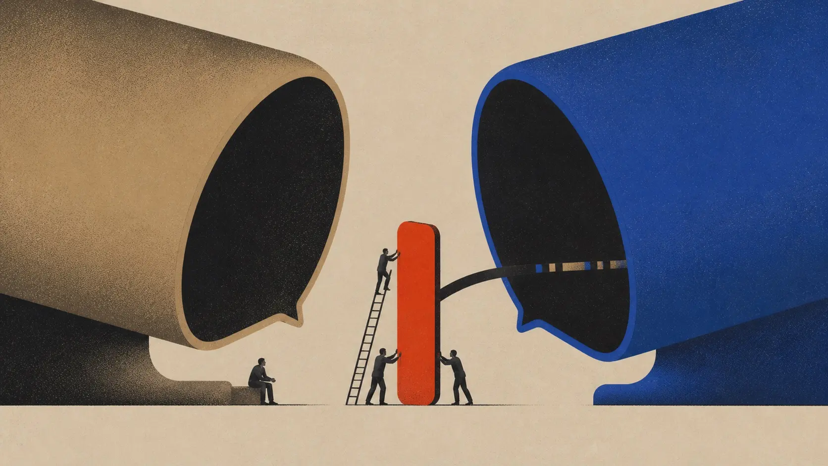 Institutionele illustratie: twee grote hoorns naar elkaar toe, met een verbinding ertussen — verdieping en gesprek.